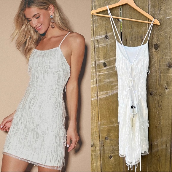 White Fringe Lace-Up Backless Mini Dress 🌿 - Picture 2 of 10